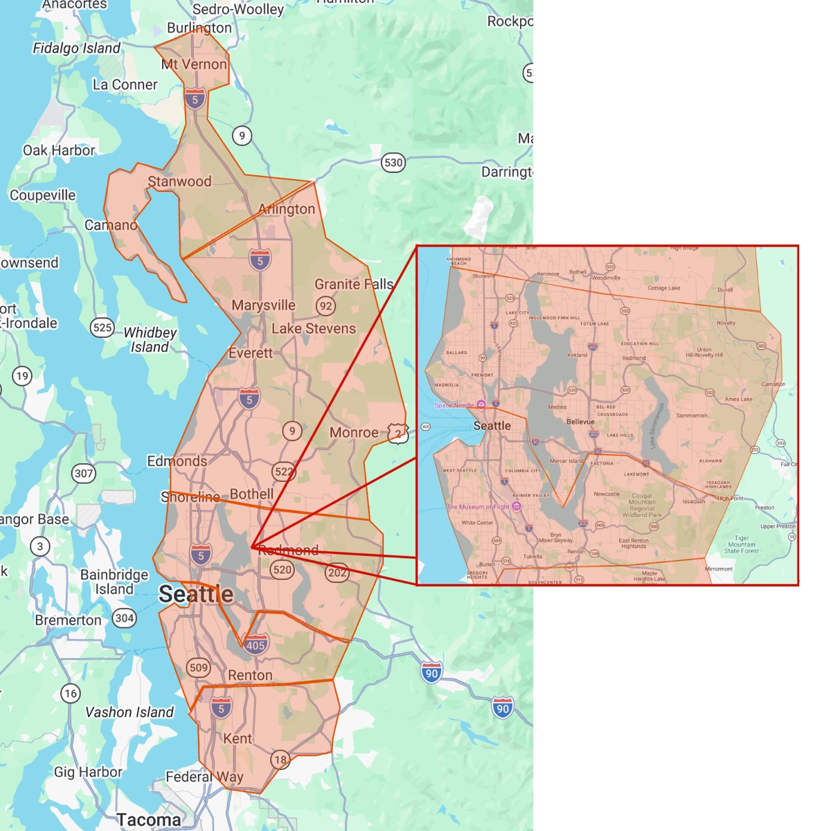 Got Sit Dog Training service area map covering Seattle, the Eastside, South King County and Snohomish County, with a zoomed-in view of the Bellevue area